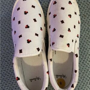 Womens Slip-On Canvas Sneakers in White with Red & Black Minnie Mouse Print